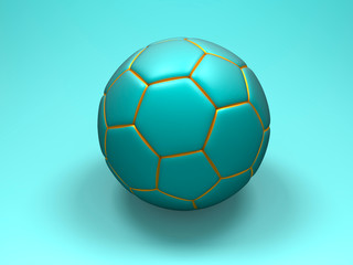 Turquoise soccer ball with a gold pattern on a turquoise background