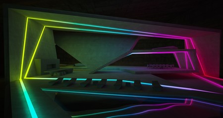 Abstract architectural concrete interior of a minimalist house with colored neon lighting. 3D illustration and rendering.