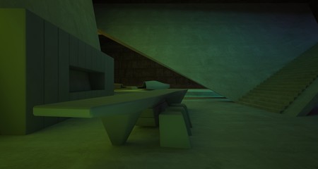 Abstract architectural concrete interior of a minimalist house with colored neon lighting. 3D illustration and rendering.