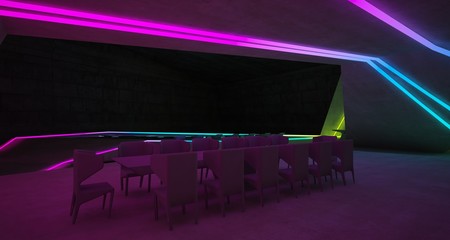 Abstract architectural concrete interior of a minimalist house with colored neon lighting. 3D illustration and rendering.