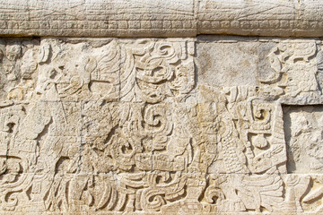 Ancient Mayan Carvings on Wall of Game Court at Chichen Itza