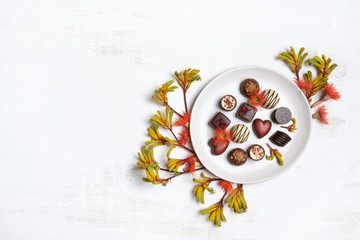 A plate of chocolates, view from above on a rustic white background. Australian native eucalyptus gum nuts and kangaroo paw surround/ decorate the plate. Can be Easter or Mothers day gifting. 