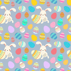 Vector cute flat cartoon easter bunny, hare, rabbit and colorful decorative eggs seamless pattern bright colored with violet background