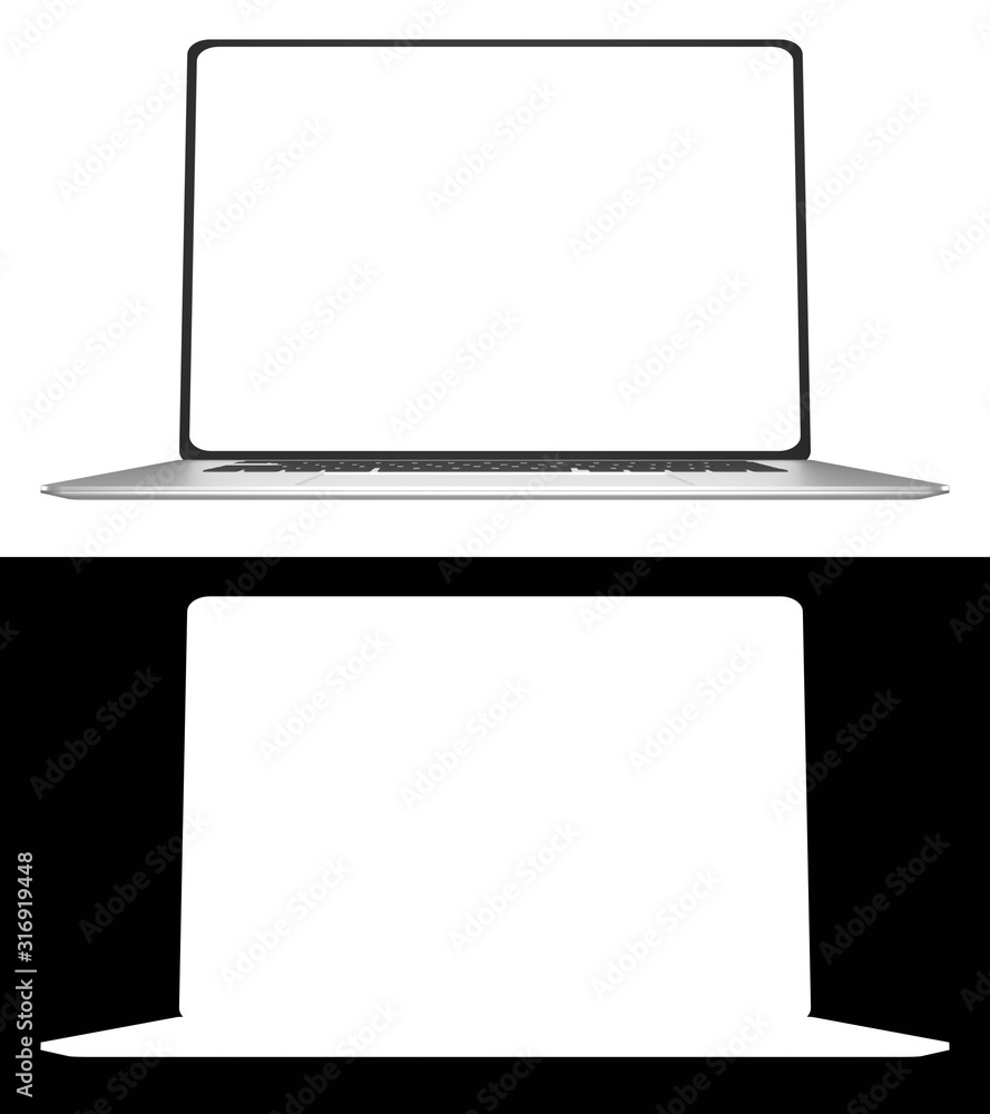 Poster 3d rendering of generic computer notebook laptop. chromium glossy body with black window frame and w