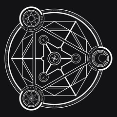 White magic incantation circle with fantasy alphabets spell (named Fotonth) and symbol of sun moon star on black background