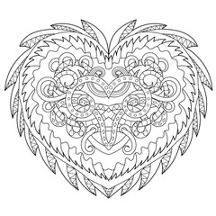 Adult coloring page for antistress art therapy with editable line. Beautiful patterned heart in zendoodle style. Template for t-shirt, tattoo, poster or cover. Colouring book for Valentines day. - 316919644
