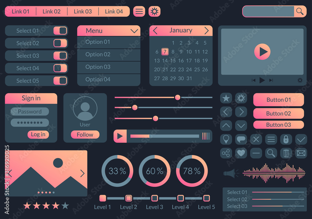 Poster ui kit design for app, web and mobile. website interface template with buttons, icons, menu forms. v