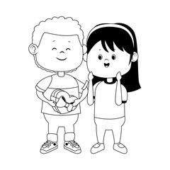 Happy boy with chocolate box and happy girl, flat design