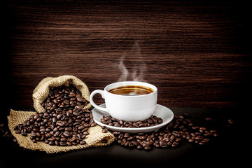 Warm coffee on a wooden plate backgrounds. Vintage backgrounds, Beans backgrounds. Copy space menu.