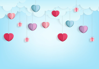 Valentine's Hearts balloon paper cut style abstract on Blue Background. Valentines Day Wallpaper. Heart Holiday Backdrop, Vector illustration.