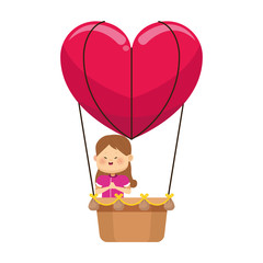 happy girl in hot air balloon in heart shape, colorful design