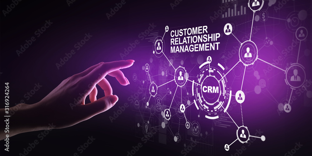 Poster crm - customer relationship management automation system software. business and technology concept.