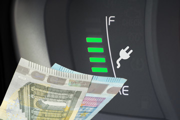 Ein Elektroauto und Euro Geldscheine