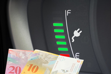 Ein Elektroauto und Geldscheine Schweizer Franken