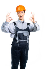 European engineer woman shows OK with both hands. Isolated