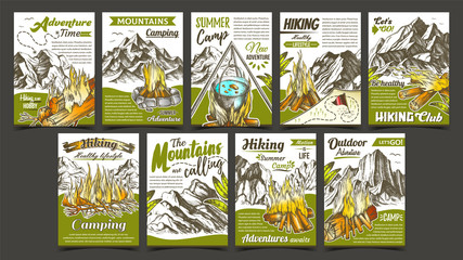Hiking Summer Camp Advertising Banners Set Vector. Collection Of Different Creative Advertise Adventure Camp Posters. Burning Campfire And Mountains Hand Drawn In Vintage Style Color Illustrations