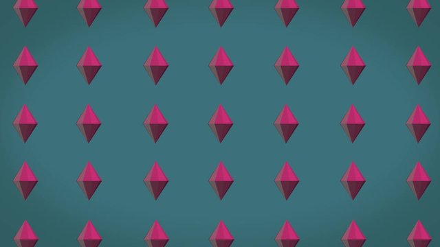 Background with many rotating pink diamond octahedrons on green background, 3d video animation. 3d objects rotating simultaneously at the same time on backdrop.