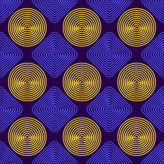 vector blue and yellow geometric wireframe seamless pattern on dark violet
