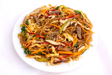 Stir fried Korean glass noodle with soy sauce called Japchae