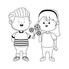 happy boy giving flowers a girl icon, flat design