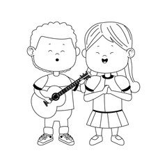 cute boy and girl standing with guitar, flat design