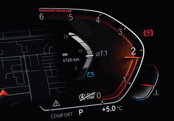 Illustration of car tachometer displaying almost 2000 RPM. Modern digital vehicle dashboard with average fuel consumption and temperature gauge. Luxury business car cluster with rev counter at night.