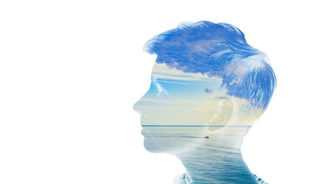 Double Multiply Exposure Beautiful Woman Head Face Silhouette Portrait White Isolated With Sea Water And Cloud Nature. Mind Psychology, Stress Therapy, Human Spirit, Mental Health, Life Zen Iq Concept