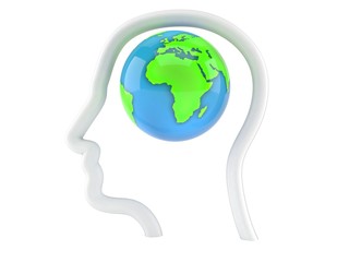 World globe inside head profile