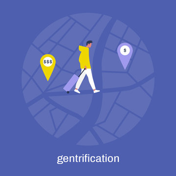 Gentrification, young male character moving from one neighbourhood to another, cheaper location