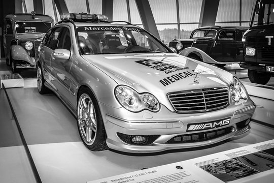 STUTTGART, GERMANY- MARCH 19, 2016: Mercedes-Benz C32 AMG station wagon F1 Medical car, 2001. Black and white.  Mercedes-Benz Museum.