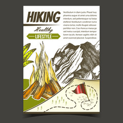 Hiking Healthy Lifestyle Advertising Poster Vector. Burning Bonfire, Rocky Cliff Mountain And Hiking Route Map With Flag Point. Sport Activity Hand Drawn In Retro Style Colorful Illustration
