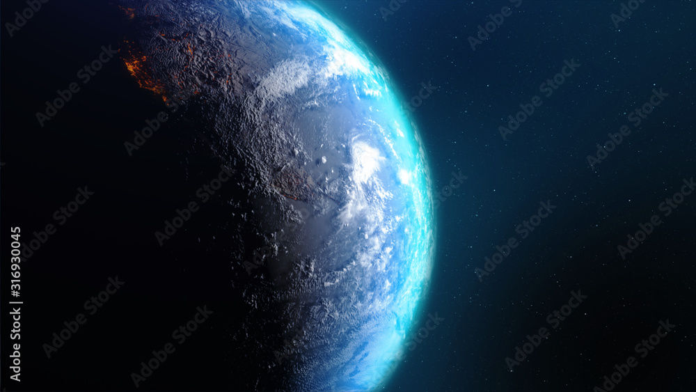 Poster 3d rendering earth with world map hot terrain cloud and water against the space with noise and grain