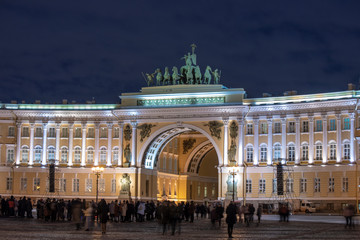 Saint Petersburg, Russia - Winter Palace Square and The General Staff building, State Hermitage Museum in St. Petersburg at night