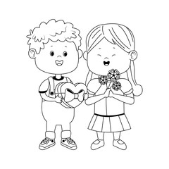 happy girl with flowers and boy with chocolate box, flat design