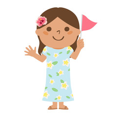 職業のイラスト。団体ツアーに添乗する日焼けした若い女性。