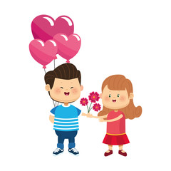 Happy boy giving flowers and heart balloons a girl, colorful design