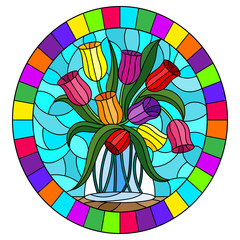 Illustration in stained glass style with still life, bouquet of  Tulips in a glass jar on a blue background,oval image in bright frame