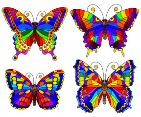 Fototapeta na wymiar Set of bright abstract rainbow butterflies in stained glass style, isolated on white background