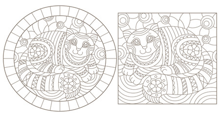 Set of contour illustrations of stained glass Windows with cute cartoon cats , dark contours on a white background