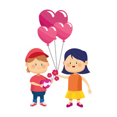 cute boy with flowers and girl with hearts balloons