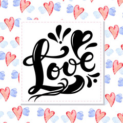 Amor. Love in Portuguese. Hand drawn lettering with watercolor romantic background. Background has hearts and other love elements. Perfect logo for Wedding or Valentine's day design