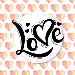 Amor. Love in Portuguese. Hand drawn lettering with watercolor romantic background. Background has hearts and other love elements. Perfect logo for Wedding or Valentine's day design