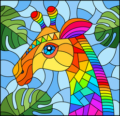 Illustration in the style of stained glass with abstract rainbow giraffe head on a blue background with leaves, rectangular image © Zagory