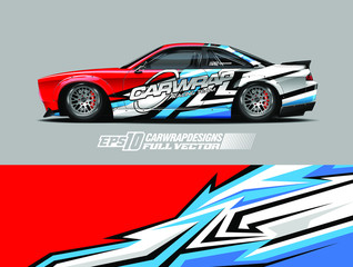 Fototapeta premium Car wrap decal graphic design. Abstract stripe racing background designs for wrap cargo van, race car, pickup truck, adventure vehicle. Eps 10