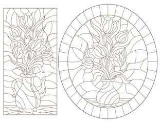 Set of contour illustrations of stained glass Windows with still lifes, vases with Tulip flowers, dark outlines on a white background