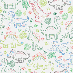 Seamless pattern with dinosaurs and leaves, contoured animals on white background