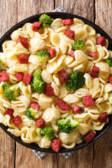 Italian pasta orecchiette with broccoli and sausages in a creamy sauce close-up in a plate. Vertical top view