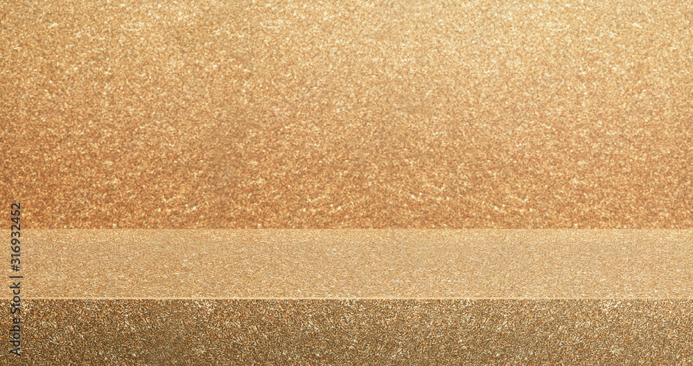 Poster gold glitter texture table product display background.3d perspective studio photography stand.banner