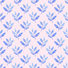 watercolor blue leaves seamless pattern on a pink background. floral