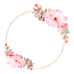 Watercolor Effect Cherry Flowers Decorated Circular Shape Fame on White Background.